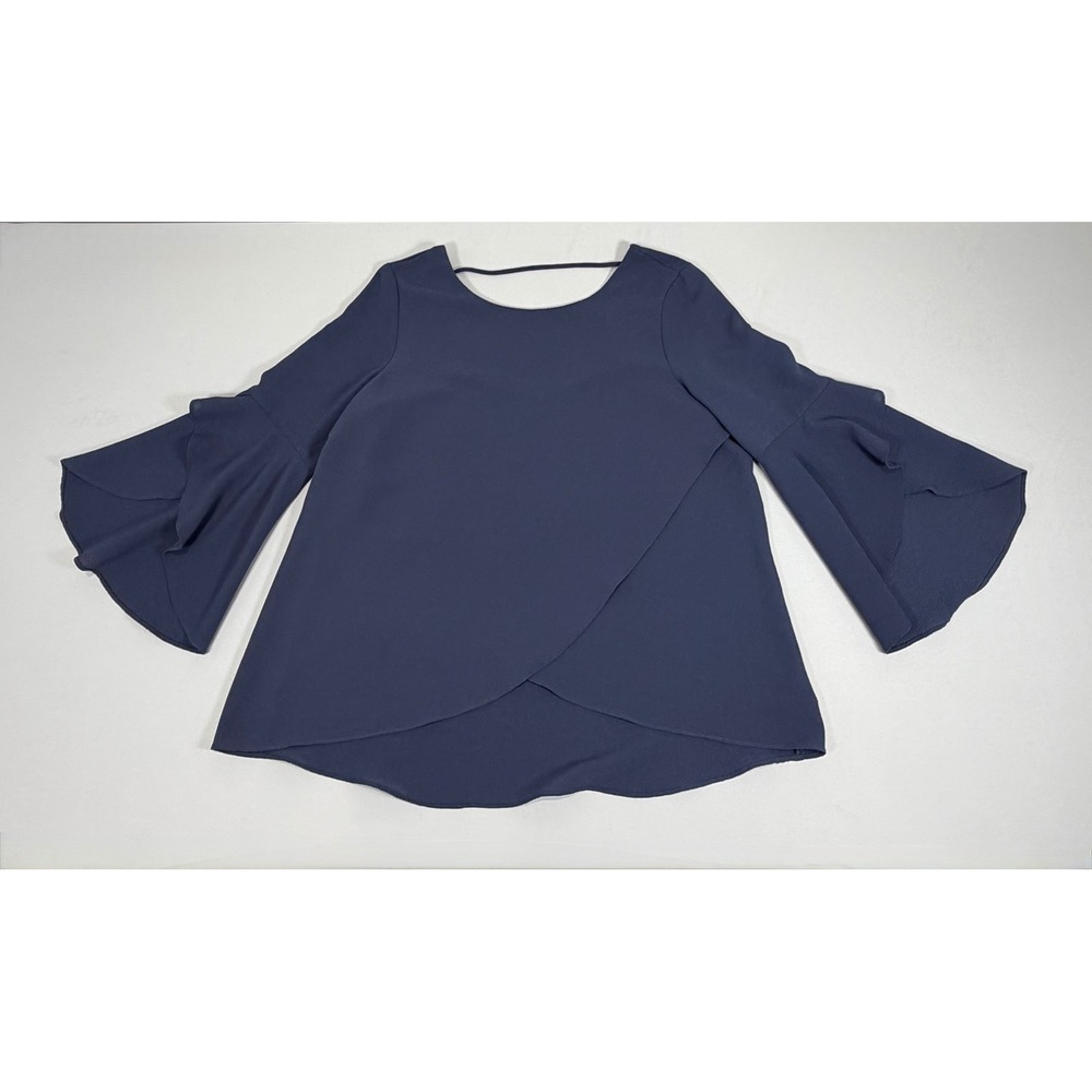 BCX Navy Blue Bell Sleeve Ruffle Blouse Wrap Front Tulip Hem Top Large
